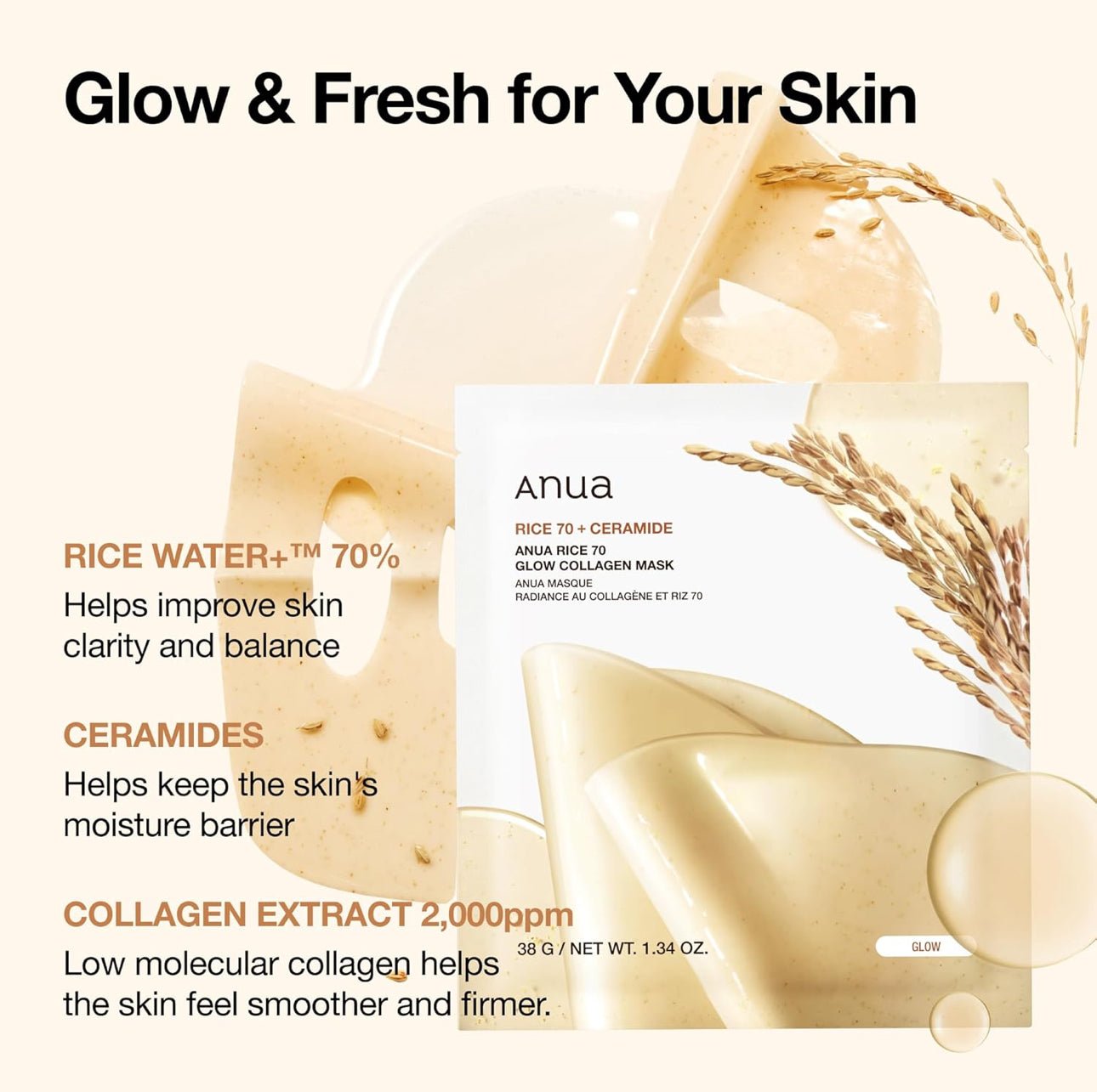 Anua - Rice 70 Glow Collagen Mask [4EA]